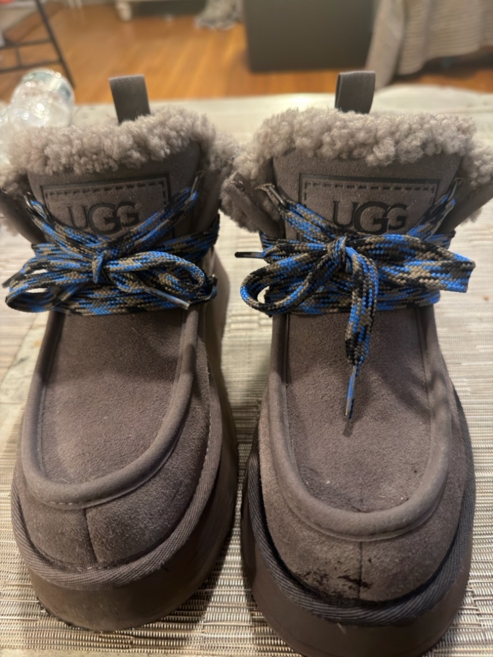 UGG Gray Suede Shearling Ankle Boots with Blue-Black Laces
